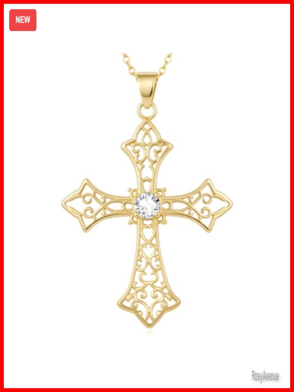 14K Gold Plated Filigree Cross Necklace Cubic Zirconia Pendant 18"